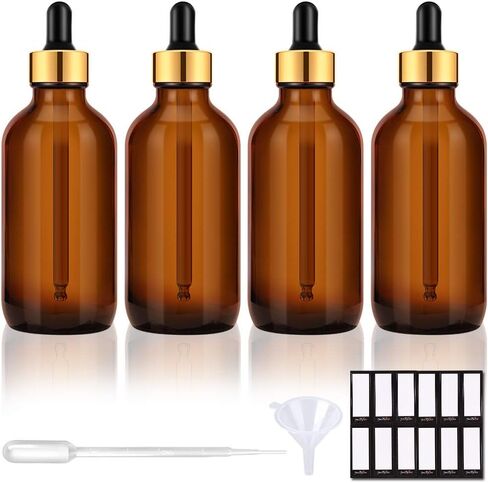PrettyCare Eye Dropper Bottles 4 oz 4 Pack (Glass Bottles 120ml with Golden Caps, 12 Labels, Funnel & Measured Pipettes) Empty Tincture Bottles for Essential Oils (Clear) in Saudi Arabia