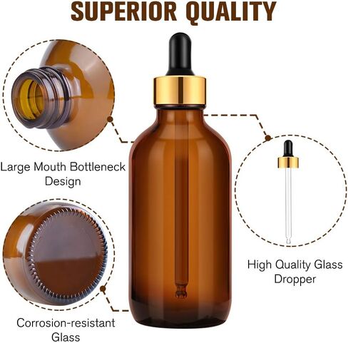 PrettyCare Eye Dropper Bottles 4 oz 4 Pack (Glass Bottles 120ml with Golden Caps, 12 Labels, Funnel & Measured Pipettes) Empty Tincture Bottles for Essential Oils (Clear) in Saudi Arabia