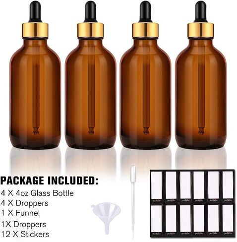 PrettyCare Eye Dropper Bottles 4 oz 4 Pack (Glass Bottles 120ml with Golden Caps, 12 Labels, Funnel & Measured Pipettes) Empty Tincture Bottles for Essential Oils (Clear) in Saudi Arabia