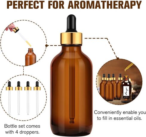 PrettyCare Eye Dropper Bottles 4 oz 4 Pack (Glass Bottles 120ml with Golden Caps, 12 Labels, Funnel & Measured Pipettes) Empty Tincture Bottles for Essential Oils (Clear) in Saudi Arabia