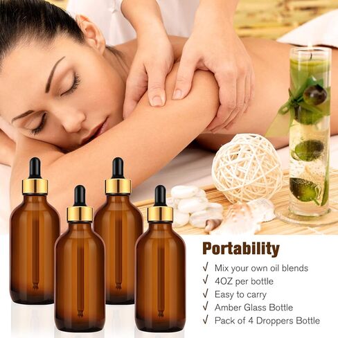 PrettyCare Eye Dropper Bottles 4 oz 4 Pack (Glass Bottles 120ml with Golden Caps, 12 Labels, Funnel & Measured Pipettes) Empty Tincture Bottles for Essential Oils (Clear) in Saudi Arabia