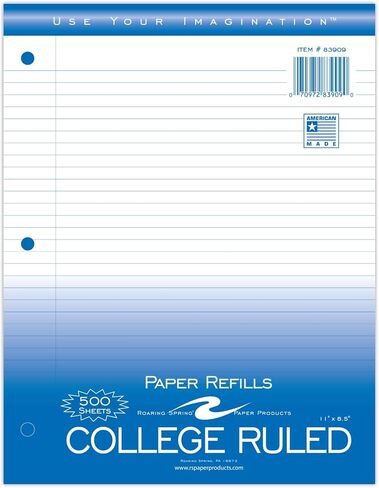 ورق أوراق فضفاضة من Roaring Spring، 500 ورقة، مقاس 8 بوصة × 11 بوصة، أبيض 15#، ورق حشو دفتر ملاحظات بقاعدة جامعية بهامش، مثقوب بثلاثة فتحات، صُنع بفخر في الولايات المتحدة الأمريكية in Saudi Arabia