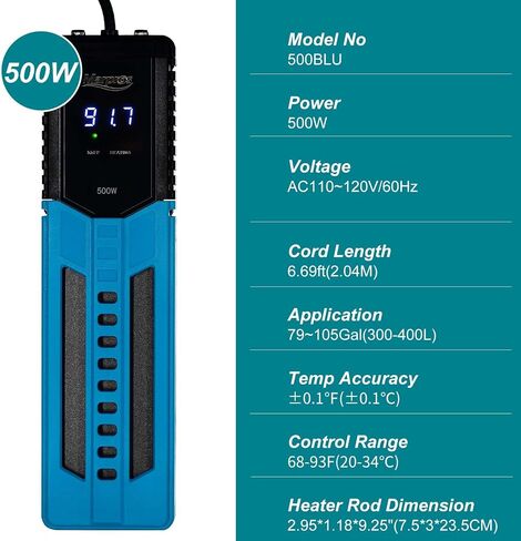 Fish Tank Heater, Aquarium heater 60-120 Gallon Aquarium Heater with Digital Temp Controller Shatterproof Titanium Tube 500W 800W Submersible Fish Tank Heater for Freshwater(Black) in Saudi Arabia