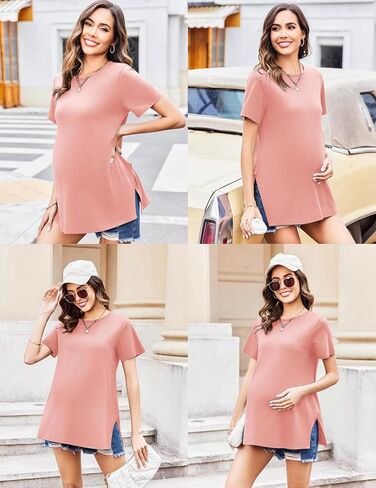Ekouaer Women's Maternity Shirts Short Sleeve Pregnancy Tops Blouses Split Side Casual Crewneck Pregnant Tunic Tee in Saudi Arabia