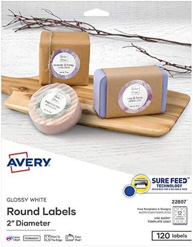 Avery Round Labels for Laser & Inkjet Printers, 2.5", 90 Glossy White Labels (22830) & Printable Round Labels with Sure Feed, 2" Diameter, Matte White, 300 Customizable Labels (22877) in Kuwait