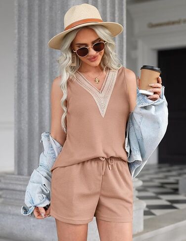 Ekouaer Pajama Sets for Women 2 Piece Tank Top and Shorts Waffle Knit Lounge Set with Lace V-neck PJ Loungewear in Saudi Arabia