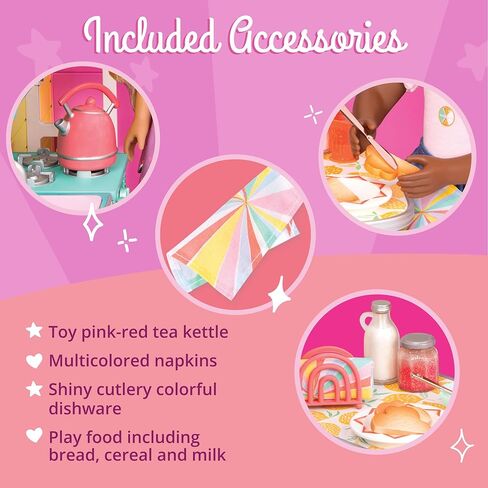 جليتر جيرلز - مجموعة إفطار دمية مقاس 14 بوصة - لعب الطعام وغلاية الشاي وإكسسوارات إعداد الطاولة - ألعاب للأطفال من سن 3 سنوات فما فوق in Kuwait