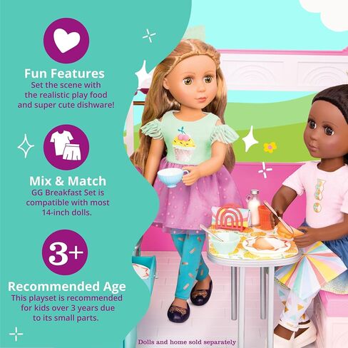 جليتر جيرلز - مجموعة إفطار دمية مقاس 14 بوصة - لعب الطعام وغلاية الشاي وإكسسوارات إعداد الطاولة - ألعاب للأطفال من سن 3 سنوات فما فوق in Kuwait