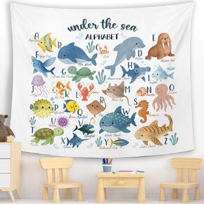 MNASAIOO Classroom Sea Animals Alphabet Wall Tapestry Hanging for Bedroom, Nursery Coastal Ocean Tapestries, Watercolor Cute Abc Beach Wall Decor Banner for Kids Playroom Preschool 50x60in in Kuwait
