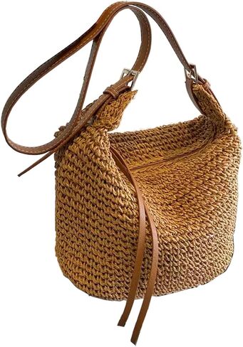 Gets Handwoven Round Rattan Bag Straw Crossbody Shoulder Bag for Women Bohemian Straw Tote Bag Beach Carrying Handbag in Kuwait