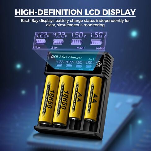 شاحن بطارية 18650، شاحن بطارية 3.7 فولت بشاشة LCD، مناسب لبطارية 26650 21700 18350 17500 14500 قابلة للشحن، وبطاريات NiMH NiCd AA AAA بقدرة 1.2 فولت in Saudi Arabia