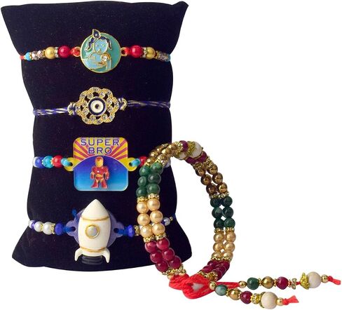 SATVIK 5 Pc Rakhi Family Combo 2 Bhaiya +1 Bhabhi Lumba + 2 rakhi for Brother Bhaiya Bhabhi Traditional Handmade Assorted Designer Rakhi with Puja Plate, Roli Chawal, Greeting Card & Sita-Ram Sticker in Saudi Arabia