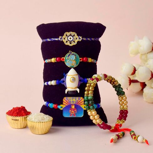 SATVIK 5 Pc Rakhi Family Combo 2 Bhaiya +1 Bhabhi Lumba + 2 rakhi for Brother Bhaiya Bhabhi Traditional Handmade Assorted Designer Rakhi with Puja Plate, Roli Chawal, Greeting Card & Sita-Ram Sticker in Saudi Arabia