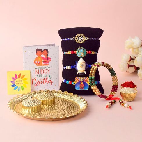 SATVIK 5 Pc Rakhi Family Combo 2 Bhaiya +1 Bhabhi Lumba + 2 rakhi for Brother Bhaiya Bhabhi Traditional Handmade Assorted Designer Rakhi with Puja Plate, Roli Chawal, Greeting Card & Sita-Ram Sticker in Saudi Arabia
