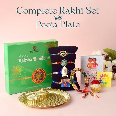 SATVIK 5 Pc Rakhi Family Combo 2 Bhaiya +1 Bhabhi Lumba + 2 rakhi for Brother Bhaiya Bhabhi Traditional Handmade Assorted Designer Rakhi with Puja Plate, Roli Chawal, Greeting Card & Sita-Ram Sticker in Saudi Arabia