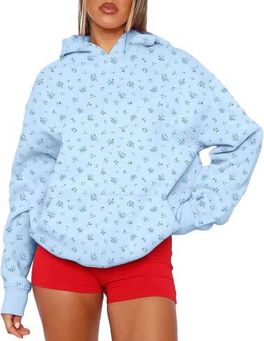 Cioatin Women Oversized Ditsy Floral Y2K Aesthetic Hoodies Lightweight Fleece Sweatshirt Drop Shoulder Pullover Fall Outfits in Saudi Arabia