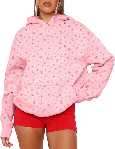 Cioatin Women Oversized Ditsy Floral Y2K Aesthetic Hoodies Lightweight Fleece Sweatshirt Drop Shoulder Pullover Fall Outfits in Saudi Arabia