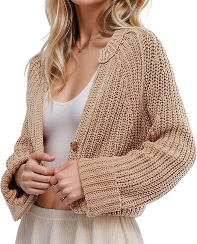 FindThy Women’s Cropped Cardigan Sweater V-Neck Long Sleeve Distressed Cable Knit Fall Outerwear Coat in Kuwait