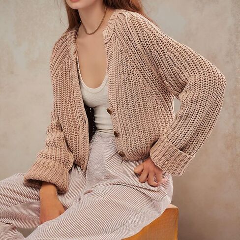 FindThy Women’s Cropped Cardigan Sweater V-Neck Long Sleeve Distressed Cable Knit Fall Outerwear Coat in Kuwait