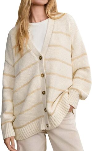 utcoco Women's Striped V Neck Knit Cardigan Baggy Cotton Sweater Timeless & Oversized Fashion Ourwear in Saudi Arabia