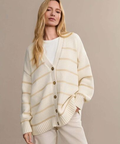 utcoco Women's Striped V Neck Knit Cardigan Baggy Cotton Sweater Timeless & Oversized Fashion Ourwear in Saudi Arabia