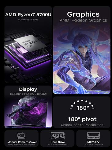 كمبيوتر محمول AMD Ryzen 7 5700U كمبيوتر محمول للألعاب 16 جيجابايت DDR4 512 جيجابايت M.2 2280 NVMe SSD Windows كمبيوتر محمول مكتب أجهزة الكمبيوتر المحمولة المنزلية Windows11 16.1 بوصة IPS FHD WIFI6 BT5.2 HDMI Type-C USB3.2 in Kuwait