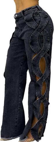 Women High Waisted Jeans Y2k Trendy Sexy Hollow Out Wide Straight Leg Cutout Baggy Jeans in Saudi Arabia