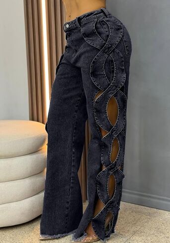 Women High Waisted Jeans Y2k Trendy Sexy Hollow Out Wide Straight Leg Cutout Baggy Jeans in Saudi Arabia