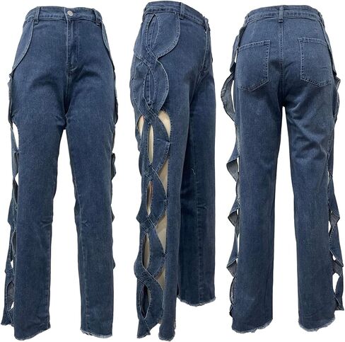Women High Waisted Jeans Y2k Trendy Sexy Hollow Out Wide Straight Leg Cutout Baggy Jeans in Saudi Arabia