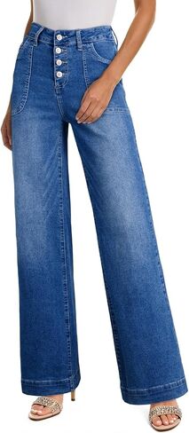 SHEWIN Women's Wide Leg High Waisted Flare Jeans Stretchy Straight Leg Jeans Buttoned Denim Pants with Pockets in Saudi Arabia