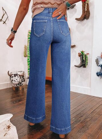 SHEWIN Women's Wide Leg High Waisted Flare Jeans Stretchy Straight Leg Jeans Buttoned Denim Pants with Pockets in Saudi Arabia
