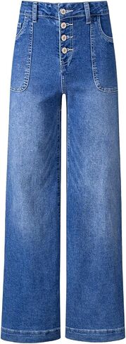 SHEWIN Women's Wide Leg High Waisted Flare Jeans Stretchy Straight Leg Jeans Buttoned Denim Pants with Pockets in Saudi Arabia