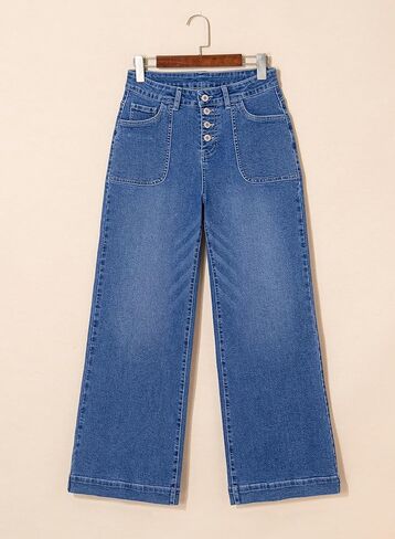 SHEWIN Women's Wide Leg High Waisted Flare Jeans Stretchy Straight Leg Jeans Buttoned Denim Pants with Pockets in Saudi Arabia