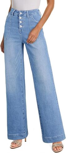 SHEWIN Women's Wide Leg High Waisted Flare Jeans Stretchy Straight Leg Jeans Buttoned Denim Pants with Pockets in Saudi Arabia