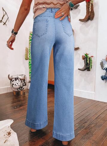 SHEWIN Women's Wide Leg High Waisted Flare Jeans Stretchy Straight Leg Jeans Buttoned Denim Pants with Pockets in Saudi Arabia
