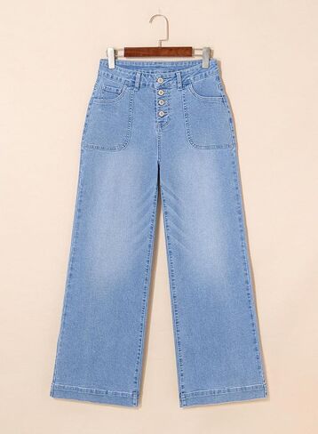 SHEWIN Women's Wide Leg High Waisted Flare Jeans Stretchy Straight Leg Jeans Buttoned Denim Pants with Pockets in Saudi Arabia