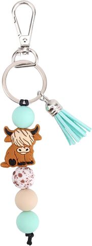 Highland Cow Keychain with Beads & Tassel, Cute Silicone Highland Cow Keyring for Car & Bag Decoration Accessories in Saudi Arabia