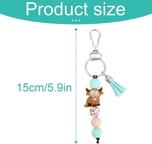 Highland Cow Keychain with Beads & Tassel, Cute Silicone Highland Cow Keyring for Car & Bag Decoration Accessories in Saudi Arabia
