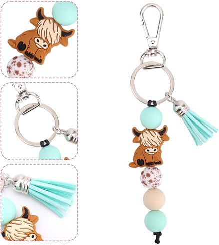 Highland Cow Keychain with Beads & Tassel, Cute Silicone Highland Cow Keyring for Car & Bag Decoration Accessories in Saudi Arabia