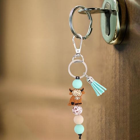 Highland Cow Keychain with Beads & Tassel, Cute Silicone Highland Cow Keyring for Car & Bag Decoration Accessories in Saudi Arabia