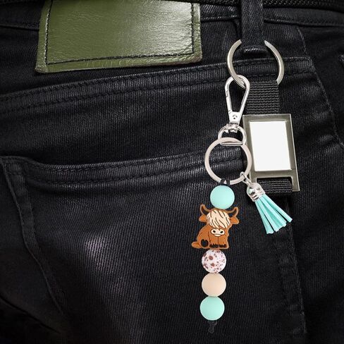 Highland Cow Keychain with Beads & Tassel, Cute Silicone Highland Cow Keyring for Car & Bag Decoration Accessories in Saudi Arabia