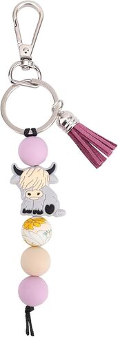 Highland Cow Keychain with Beads & Tassel, Cute Silicone Highland Cow Keyring for Car & Bag Decoration Accessories in Saudi Arabia