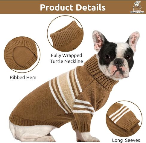 Queenmore Dog Striped Knitted Sweater, Turtleneck Pullover Pet Coat, Dog Winter Clothes with Leash Hole for Small Medium &Large Dogs(Brown,S) in Kuwait