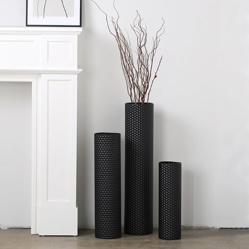 Tall Floor Vases Set of 3 - Black Metal Cylinder Vases for Living Room Corner, Modern Honeycomb Texture, Extra Large Standing Decor (Tallest 27.6in, Home Bedroom Dining Decor) in Kuwait