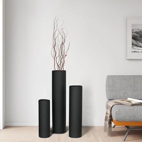 Tall Floor Vases Set of 3 - Black Metal Cylinder Vases for Living Room Corner, Modern Honeycomb Texture, Extra Large Standing Decor (Tallest 27.6in, Home Bedroom Dining Decor) in Kuwait