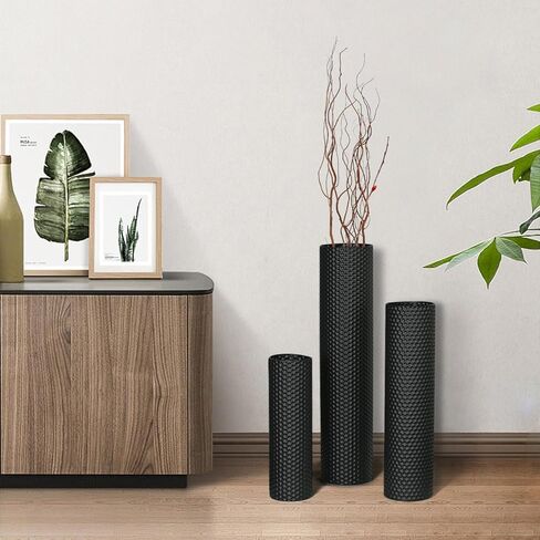 Tall Floor Vases Set of 3 - Black Metal Cylinder Vases for Living Room Corner, Modern Honeycomb Texture, Extra Large Standing Decor (Tallest 27.6in, Home Bedroom Dining Decor) in Kuwait