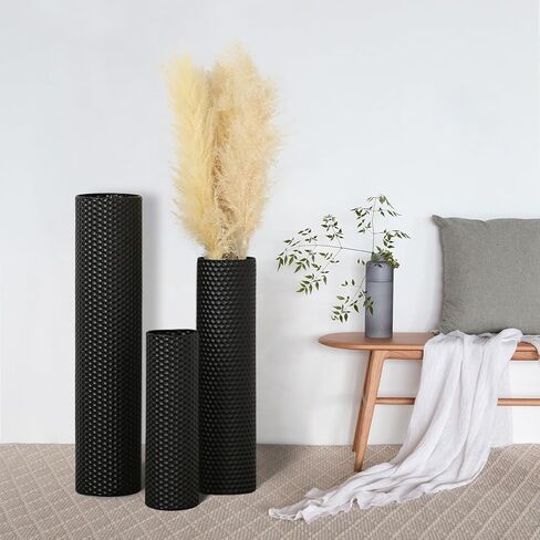 Tall Floor Vases Set of 3 - Black Metal Cylinder Vases for Living Room Corner, Modern Honeycomb Texture, Extra Large Standing Decor (Tallest 27.6in, Home Bedroom Dining Decor) in Kuwait