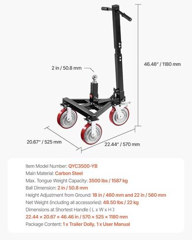 VEVOR Trailer Dolly, 3500lbs Tongue Weight Capacity, 18 inch and 22 inch Height Adjustable Trailer Dolly, with 2 inch Hitch Ball, Adjustable Handle Length, 8-inch Swivel Wheels, for Moving RV Trailer in Saudi Arabia