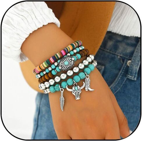 Volare Western Cowgirl Bracelets for Women Turquoise Beaded Stretch Bracelets Aztec Bull Head Cowboy Boots Feather Bracelets Set Western Cowgirl Jewelry Accessories for Women in Saudi Arabia