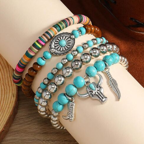 Volare Western Cowgirl Bracelets for Women Turquoise Beaded Stretch Bracelets Aztec Bull Head Cowboy Boots Feather Bracelets Set Western Cowgirl Jewelry Accessories for Women in Saudi Arabia
